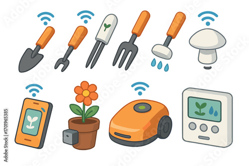 Modern isometric smart garden tools and gadgets set for smart home gardening solutions, vector cartoon illustration with transparent background, digital plant care technology icons