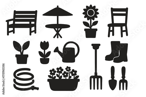 Modern silhouette garden icons collection with furniture, plants, tools, watering can, hose, boots, flowerpot, table and chair set, garden accessories, vector illustration