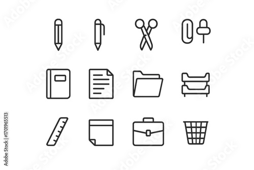 Office essentials icon set, minimalist outline stationery and organization icons, vector cartoon illustration, transparent background, ordered set of office supplies and tools