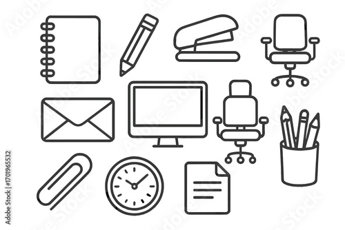 Office supplies icon set, essential workspace tools linear collection, vector cartoon illustration with transparent background, organized stationery items for business and office use