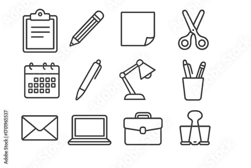 Office supplies icon set, essential workspace tools collection, linear style vector illustration, cartoon stationery icons with clipboard, pencil, paper, scissors, and calendar