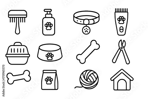 Pet care outline icon set, grooming tools, accessories, pet collar with tag, pet carrier, food bowl, bone toy, nail clippers, yarn ball, dog house, modern line art, vector cartoon illustration
