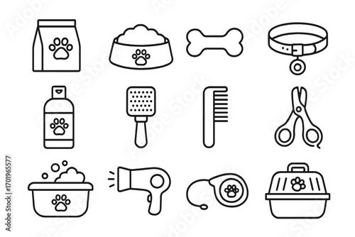 Pet care line icon set with essentials and grooming tools, flat vector cartoon illustrations, transparent background, organized collection of dog food, collar, brush, bone, shampoo, scissors, and more