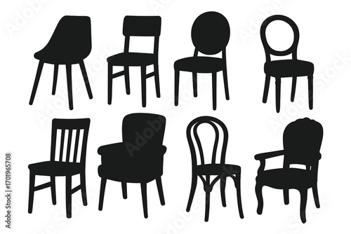 Silhouette collection of modern and classic chair designs, vector set of stylish black chair shapes, elegant furniture icons, vintage and contemporary seats illustration, transparent background