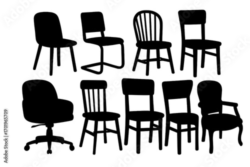 Silhouette collection of modern and classic chair designs, vector cartoon illustration set with transparent background, assorted home and office seating styles, furniture icons