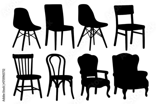 Silhouettes Modern and Classic Chair Designs, Vector Cartoon Illustration Set, Transparent Background, Diverse Seating Styles, Home and Office Furniture, Interior Decor Elements