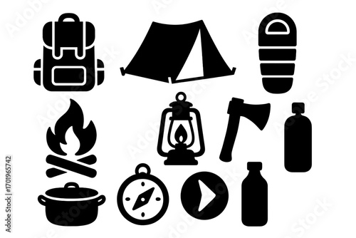 Silhouette camping gear icons set including backpack, tent, sleeping bag, lantern, axe, compass, campfire, cooking pot, bottle, and outdoor adventure essentials in black vector illustration