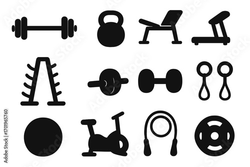 Silhouette gym equipment icons set, fitness workout vector cartoon illustration, dumbbells, kettlebell, treadmill, bike, weights, jump rope, exercise gear collection