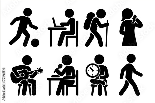 Silhouette icons of people playing soccer, working at computer, hiking with backpack, grooming hair, playing guitar, singing, watching time, and walking, vector cartoon illustration set