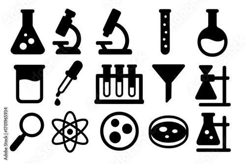 Silhouette icons of scientific equipment and laboratory tools, microscope, test tubes, flasks, pipette, funnel, petri dish, atom symbol, magnifying glass, vector set