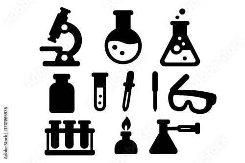 Silhouette icons of scientific laboratory equipment and tools, vector cartoon illustration, transparent background, lab microscope, test tubes, flasks, safety goggles, Bunsen burner set
