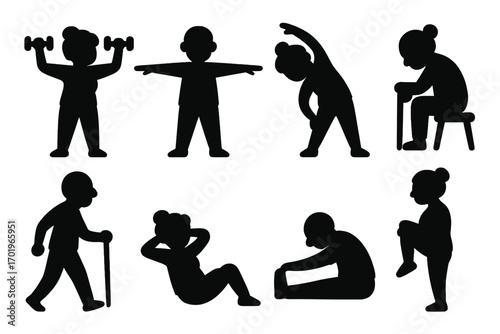 Silhouette icons of senior adults exercising, stretching, and fitness routines set, cartoon vector illustration, healthy elderly lifestyle, active aging concept, transparent background
