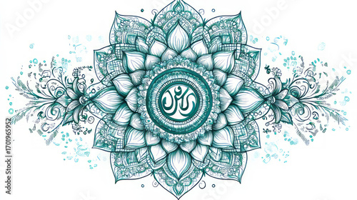 A detailed teal floral mandala design with intricate patterns and a central circular emblem element art