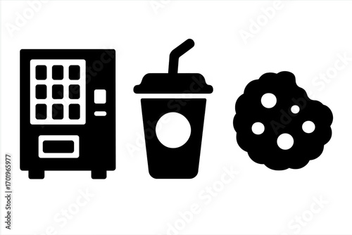 Silhouette icons of vending machine, beverage cup with straw, cookie snack. Vector cartoon set of vending machine, drinks, sweet cookie, fast food snacks collection illustration