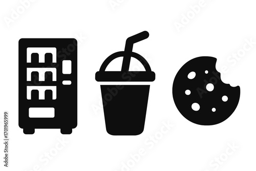 Silhouette icons of snacks and drinks including vending machine, beverage cup with straw, bitten cookie, vector cartoon illustration, transparent background, ordered set
