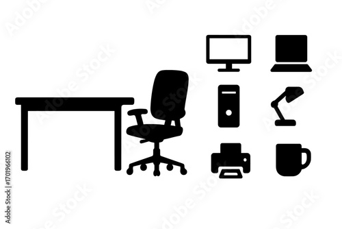 Silhouette office furniture set with modern desk chair computer monitor laptop printer lamp and cup icons collection, vector cartoon illustration with transparent background, workspace essentials