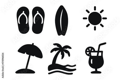 Minimalist summer beach icons set vector, black silhouettes of flip flops, surfboard, sun, beach umbrella, palm tree, tropical drink, summer vacation symbols, travel and leisure design