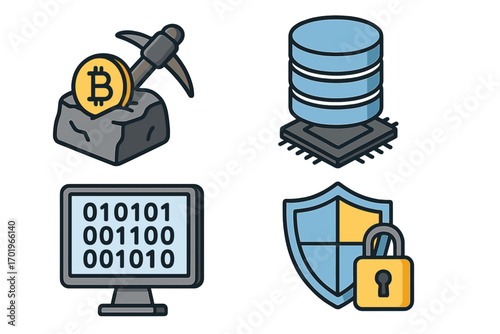 Isometric Tech Gadgets Illustration Set Featuring Bitcoin Mining Pickaxe, Data Storage Server, Binary Code Monitor, Shield Security Lock, Transparent Background Vector Cartoon
