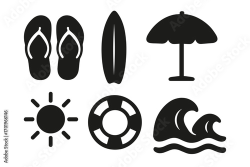 Summer beach icons minimalist black silhouettes of flip flops, surfboard, sun, umbrella, lifebuoy, waves, ocean, vacation, holiday, seaside, travel, water sport, vector cartoon illustration
