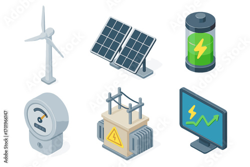 Sustainable energy icons set with isometric wind turbine, solar panels, green battery, power meter, electrical substation, and energy monitoring screen, clean vector illustration