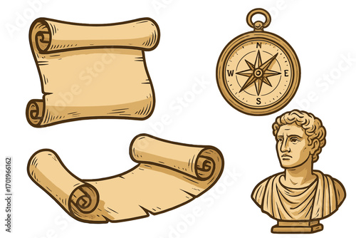 Vintage history elements with old scrolls, antique compass, classical Roman bust, ancient parchment, retro vector cartoon illustration, transparent background, ordered set collection