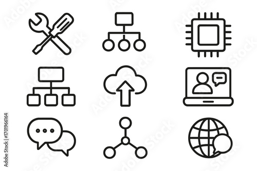 Technology outline icon set with tools, flowcharts, cloud upload, communication, network, microchip, and global connection symbols, vector cartoon illustration transparent background
