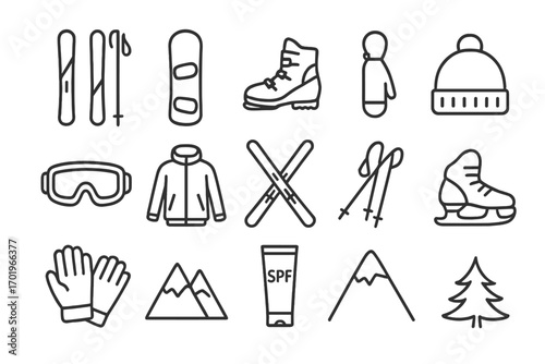 Winter sports outline icon set with essential outdoor gear symbols in sleek line style, snowboarding, skiing, ice skating equipment, winter clothing, mountain recreation vector
