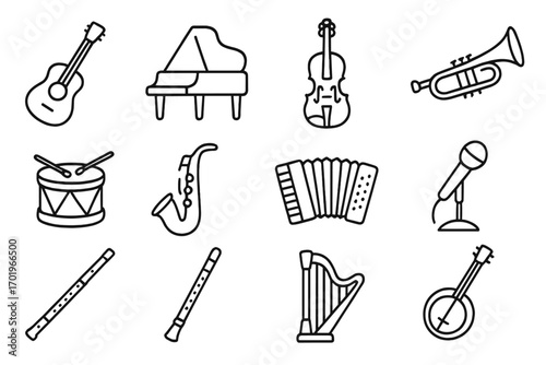 Music instrument outline icon set, musical instrument harmony icons collection, vector cartoon illustration with transparent background, ordered set of 12 diverse musical instruments