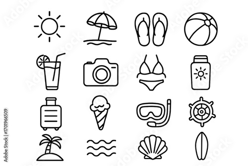 Summer beach line icon set with vacation essentials, holiday symbols, flip flops, sun, bikini, camera, ice cream, palm tree, snorkeling gear, and surfing elements vector illustration