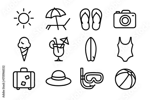 Summer beach icon set, vacation and holiday essentials line art collection, vector cartoon illustration, flip flops, sun umbrella, swimsuit, ice cream, camera, travel, snorkeling, surfboard