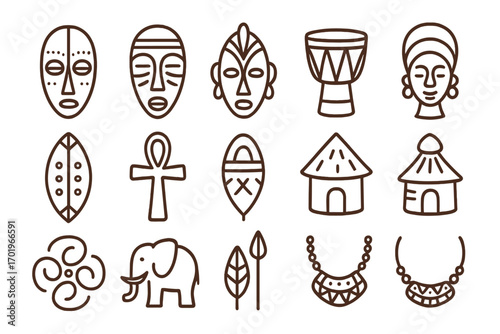 African tribal line icon set. Ethnic culture symbols collection. Vector outline illustration of traditional mask, shield, hut, elephant, ankh, djembe drum, spear and jewelry.