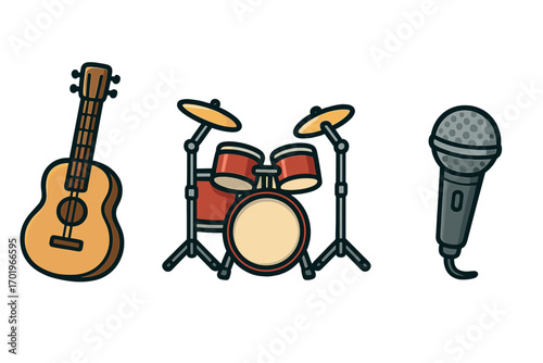 Set of music instrument icons featuring acoustic guitar, drum kit, and microphone. Cartoon vector illustration isolated on transparent background. Ordered musical instrument symbols collection.
