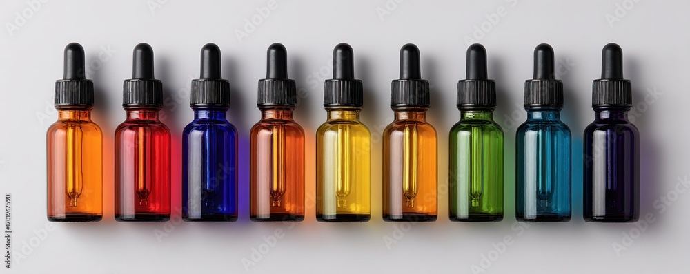Fototapeta premium Vibrant Rainbow Essential Oil Bottles