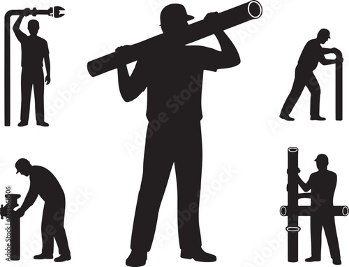 Set of Plumbing Worker Silhouettes – Vector Illustration of Pipe Installation and Repair