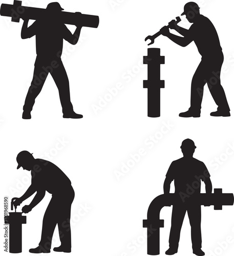 Set of Plumbing Worker Silhouettes – Vector Illustration of Pipe Installation and Repair