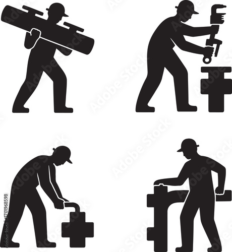 Set of Plumbing Worker Silhouettes – Vector Illustration of Pipe Installation and Repair