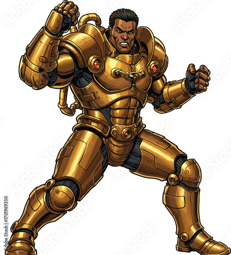 Strong male warrior in golden futuristic armor, battle-ready stance, powerful fighter, robotic suit, sci-fi hero, armored combat illustration.