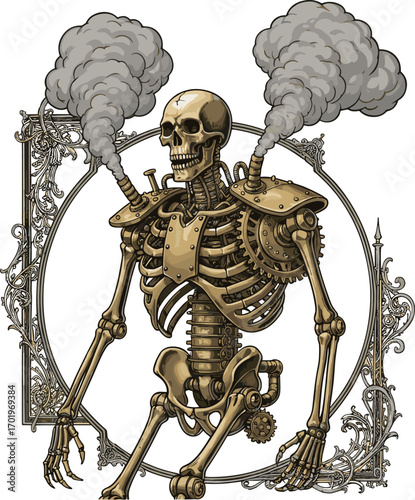 Steampunk skeleton robot with mechanical gears, emitting smoke from shoulder pipes, vintage industrial design, fantasy machine illustration.