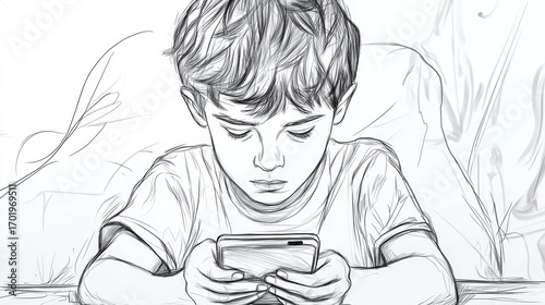 Boy focused on smartphone digital addiction sketch
