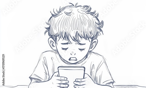 Sad boy holding smartphone digital addiction illustration