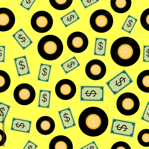 Music and money exploring the relationship between vinyl records and cash flow digital art creative space top-down, seamless pattern