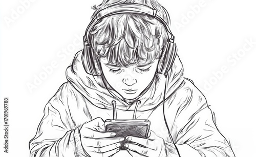 Boy with headphones addicted to smartphone sketch