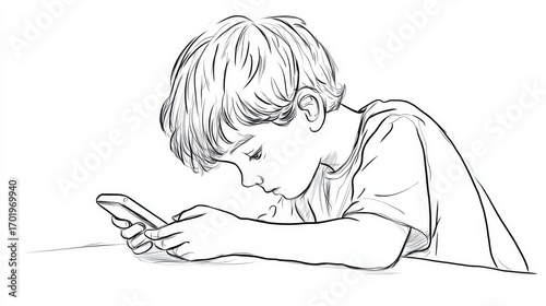 Boy leaning on table frustrated with smartphone addiction