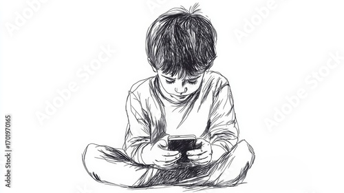 Boy sitting cross legged addicted to smartphone sketch