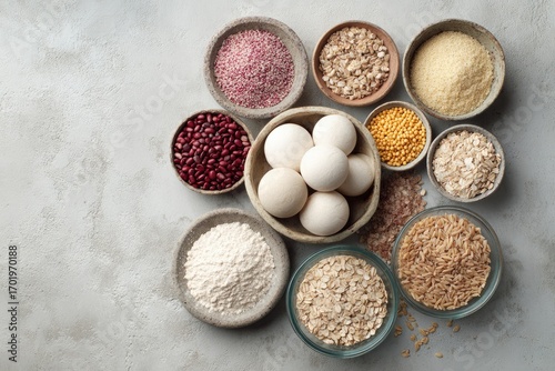 Assorted grains, legumes, and eggs in small bowls
