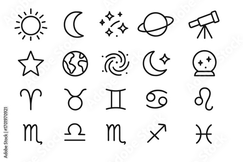 Astronomy and astrology outline icon set. Celestial symbols, zodiac signs collection. Horoscope, space, galaxy, planet, sun and moon symbols. Vector line art illustration.