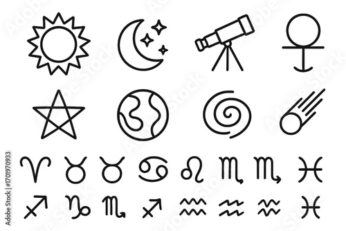 Astronomy and astrology outline icon set. Celestial symbols, all zodiac signs collection for horoscope. Vector illustration of sun, moon, planet earth, stars, and galaxy.