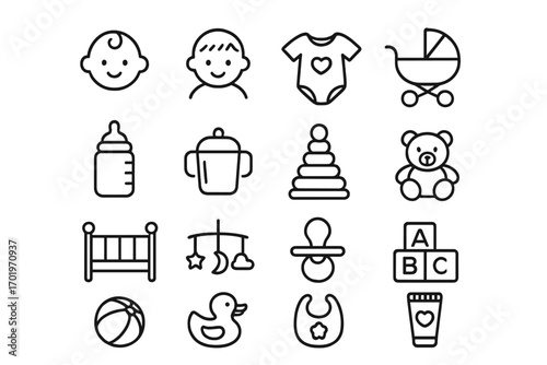Baby and toddler essentials line icon set. Newborn care, feeding, and toy collection. Simple outline vector pictograms for nursery, web, and print. Infancy symbols.