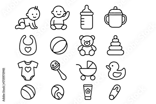 Baby and toddler line icon set. Newborn essentials, nursery items, toys, and childcare symbols. Simple vector outline collection for infancy and early childhood concepts.