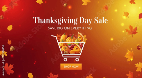 Thanksgiving Day Sale banner with shopping cart outline of pumpkins and holiday harvest